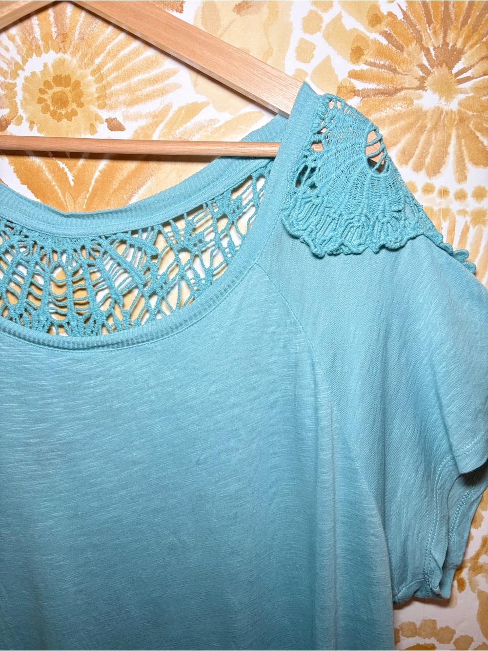 Aqua Crochet Lace Top | Boho Coastal Blouse | Short Sleeve Boutique Tee - Picture 7 of 11